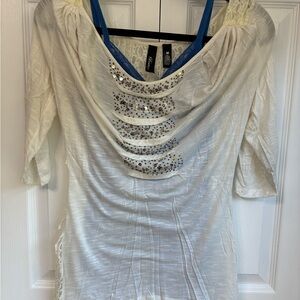 White Embellished Women's Top with Draped Neckline